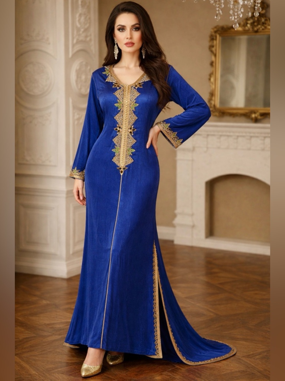 Luxury Royal Blue Moroccan Kaftan – Handmade Embroidery – Elegant Evening